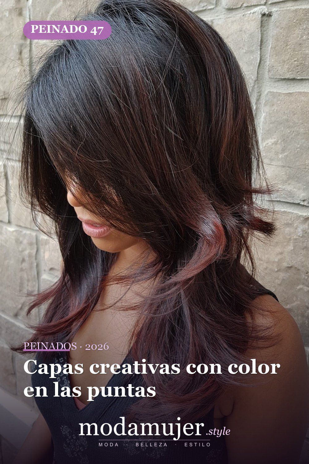 Capas creativas con color en las puntas — 50 ideas de cabello largo en capas con flequillo