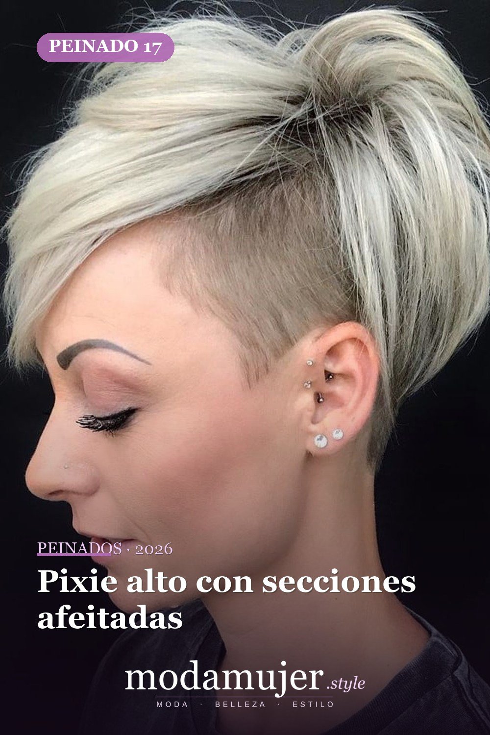 Pixie alto con secciones afeitadas — 50 mejores ideas de cortes y peinados pixie para 2026