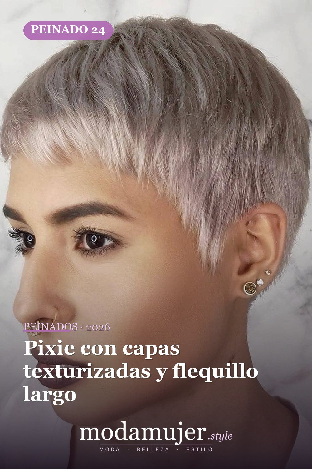 Pixie con capas texturizadas y flequillo largo — 50 mejores ideas de cortes y peinados pixie para 2026