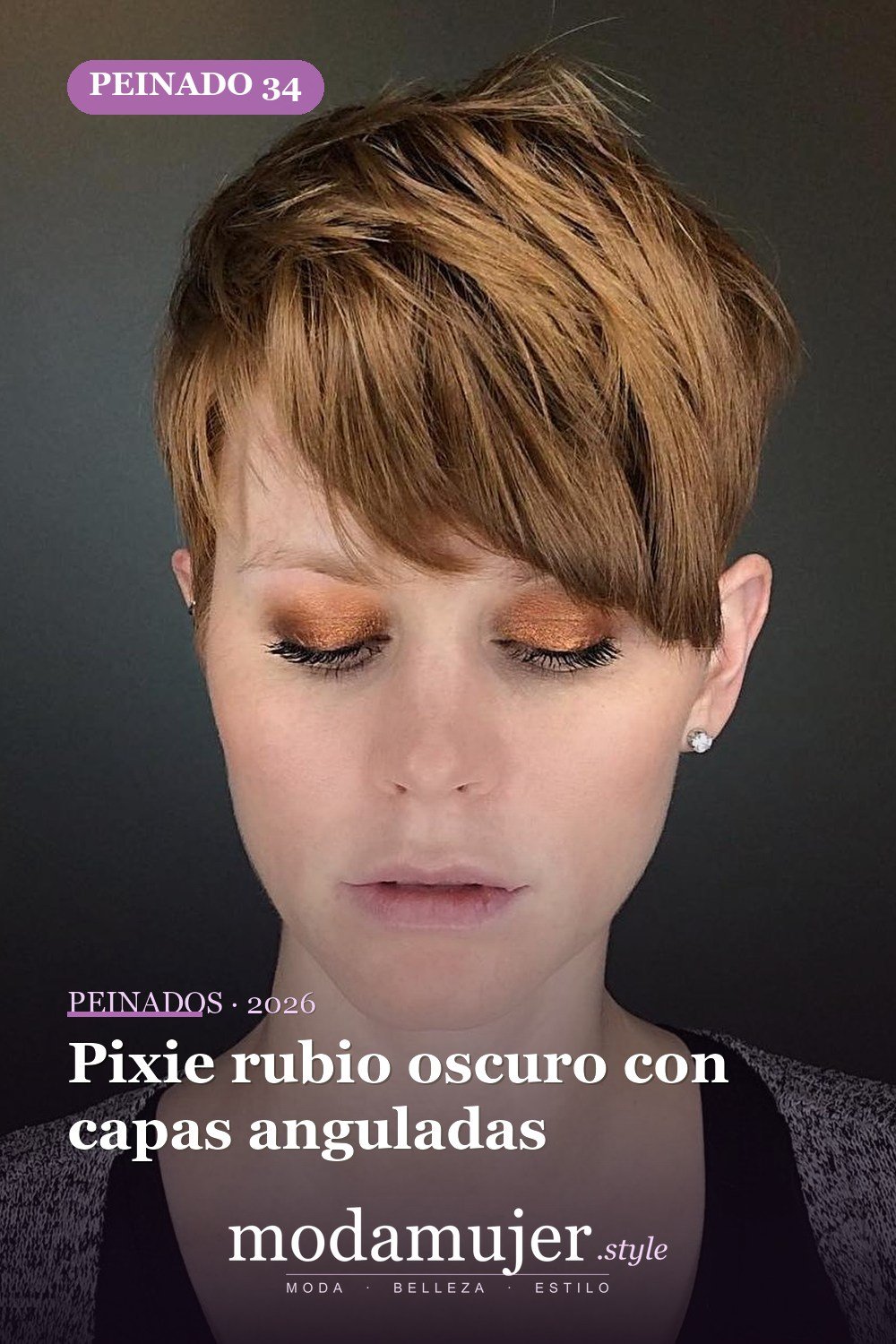 Pixie rubio oscuro con capas anguladas — 50 nuevas ideas de corte de duendecillo con flequillo para la temporada actual
