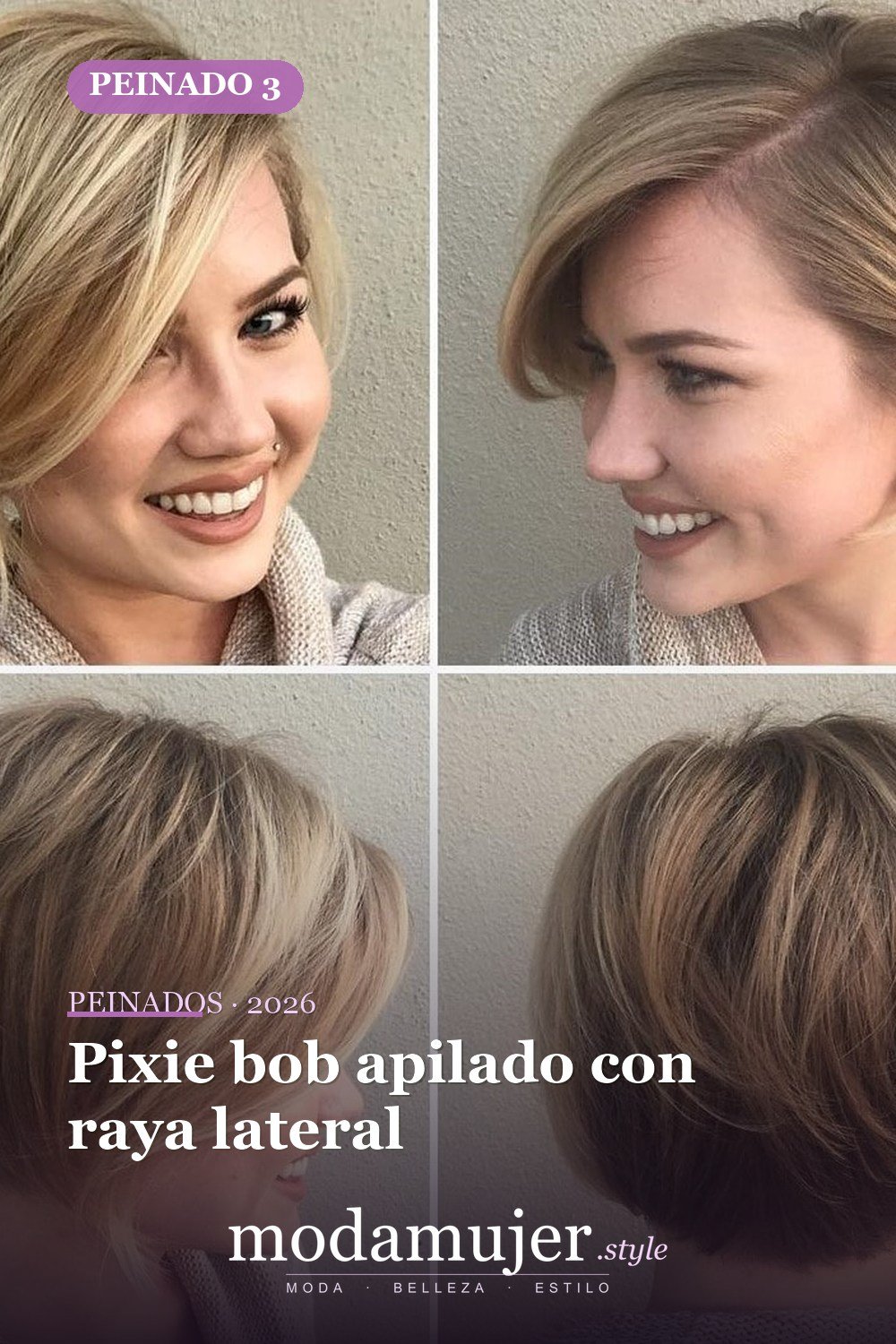 Pixie bob apilado con raya lateral — 50 nuevos cortes de pelo cortos y peinados bob para 2026