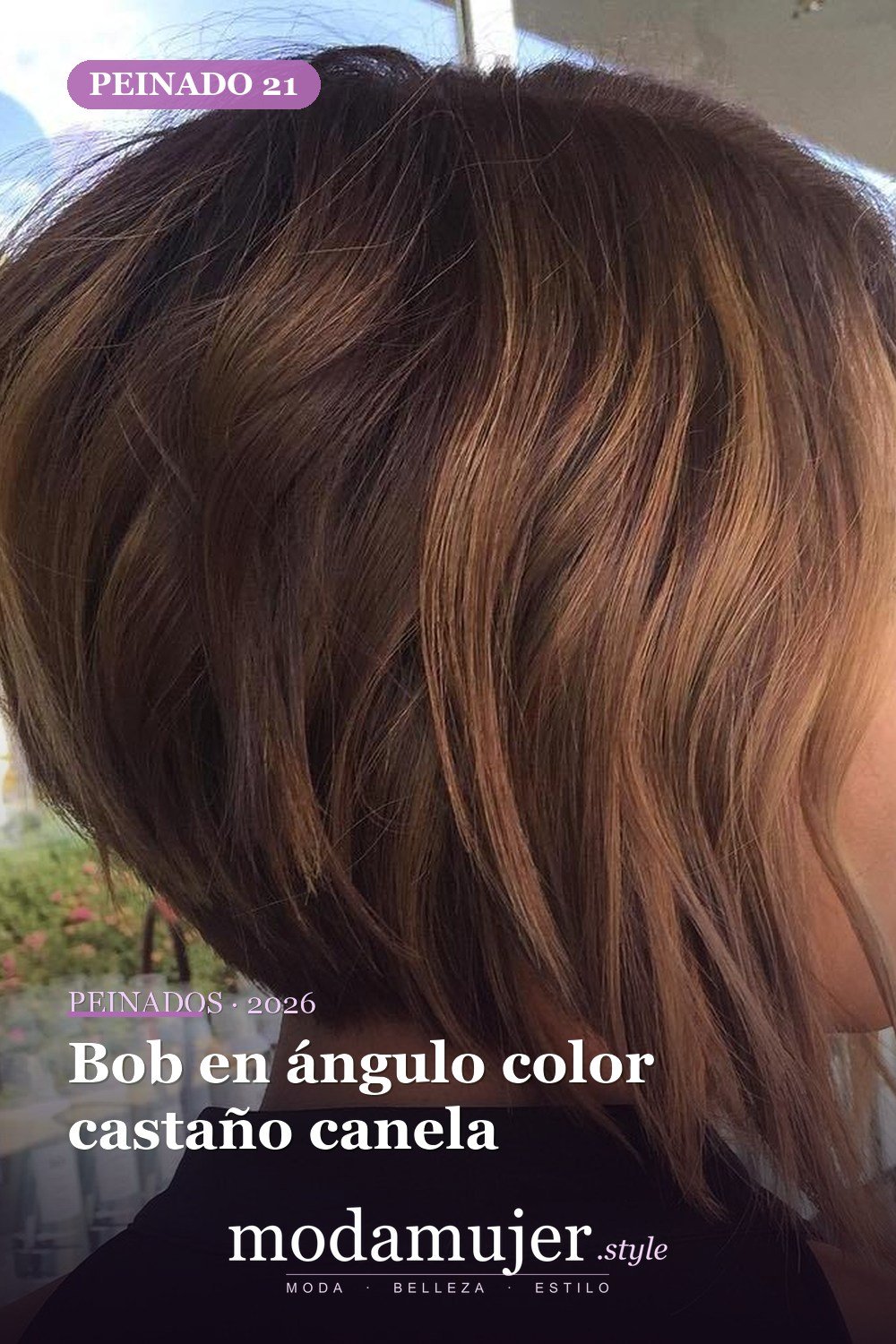 Bob en ángulo color castaño canela — 50 nuevos cortes de pelo cortos y peinados bob para 2026