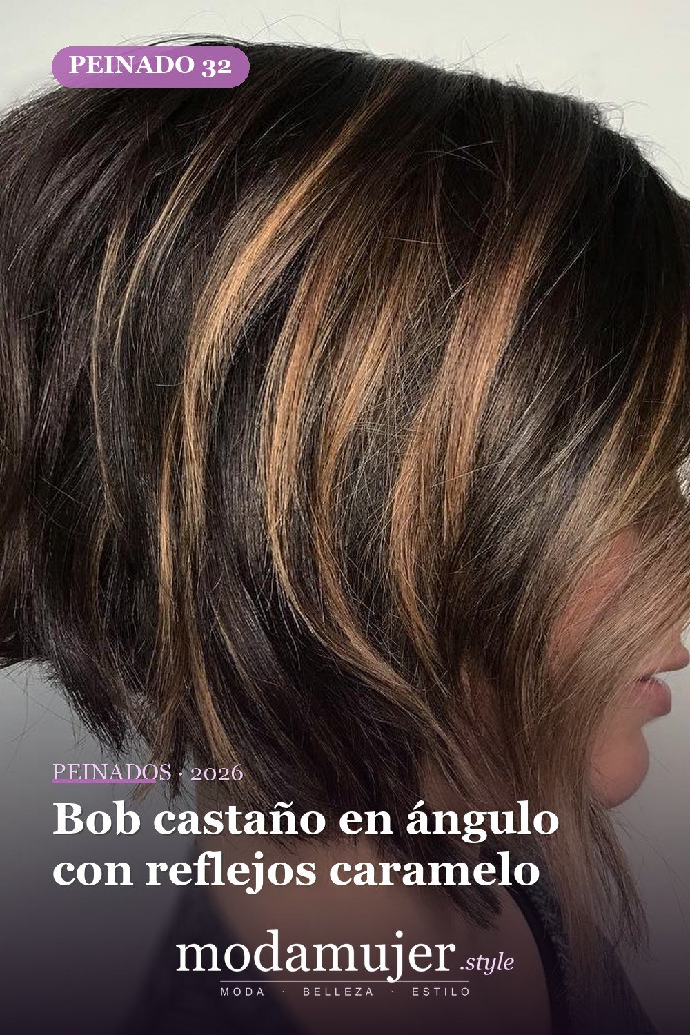 Bob castaño en ángulo con reflejos caramelo — 50 nuevos cortes de pelo cortos y peinados bob para 2026