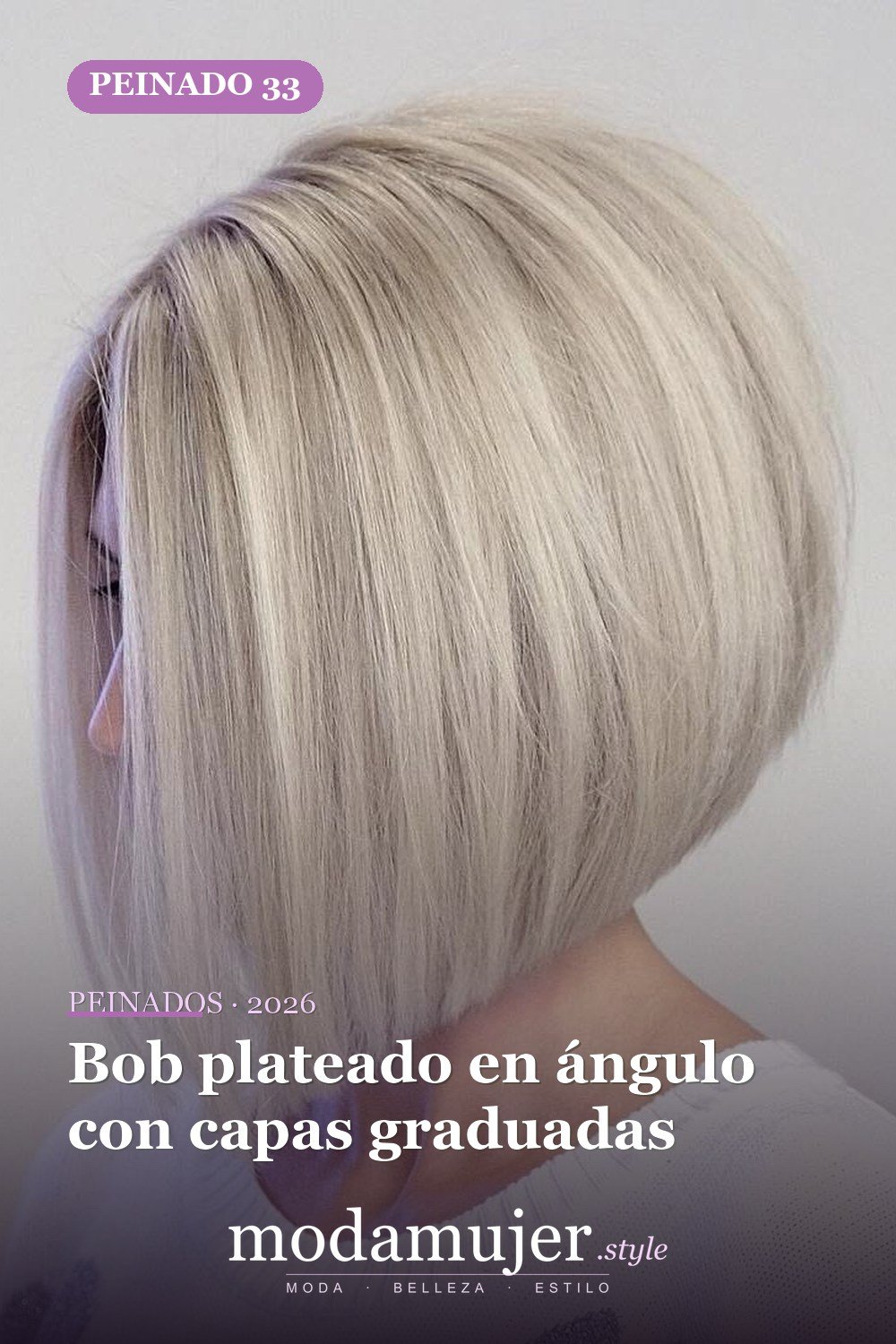 Bob plateado en ángulo con capas graduadas — 50 nuevos cortes de pelo cortos y peinados bob para 2026