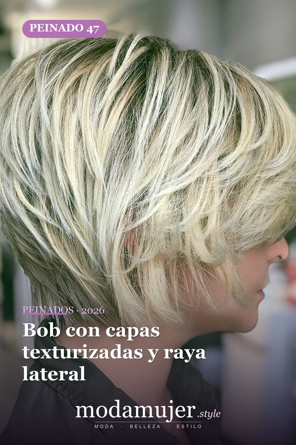 Bob con capas texturizadas y raya lateral — 50 nuevos cortes de pelo cortos y peinados bob para 2026