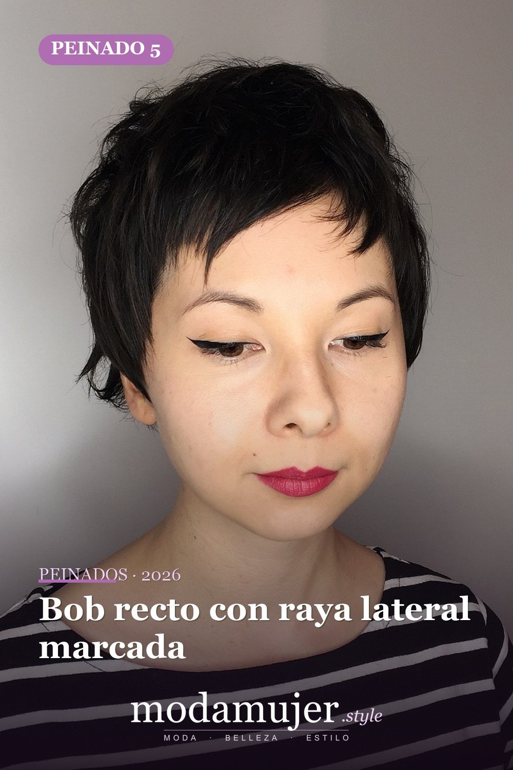 Bob recto con raya lateral marcada — 50 peinados cortos para caras redondas con efecto adelgazante