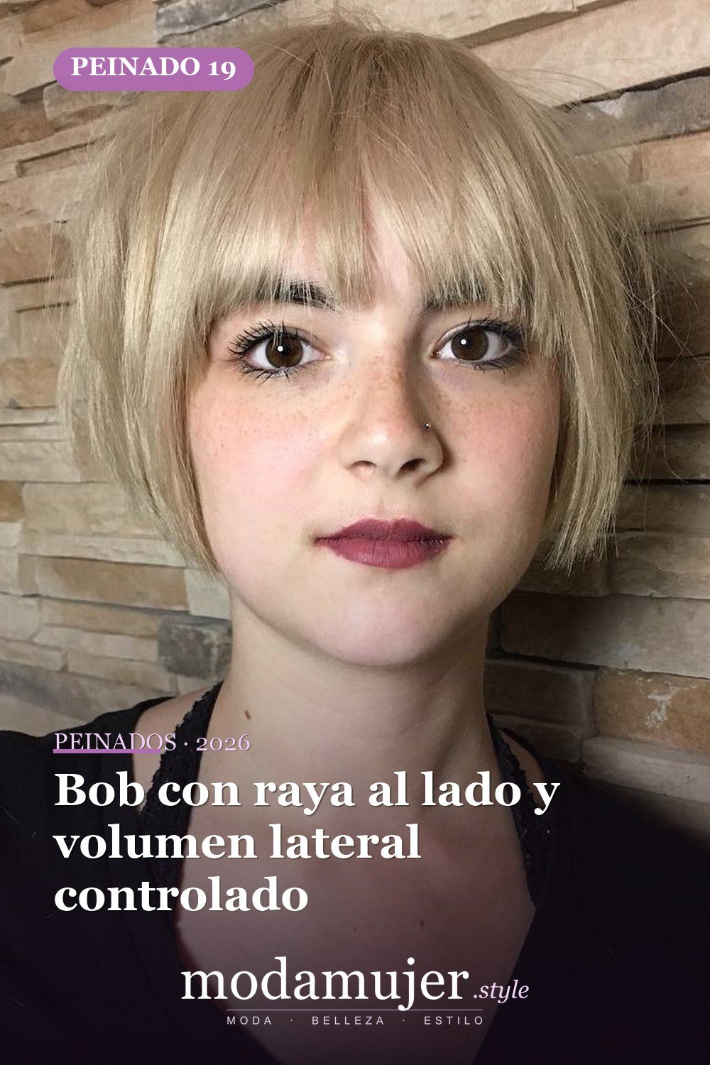Bob con raya al lado y volumen lateral controlado — 50 peinados cortos para caras redondas con efecto adelgazante