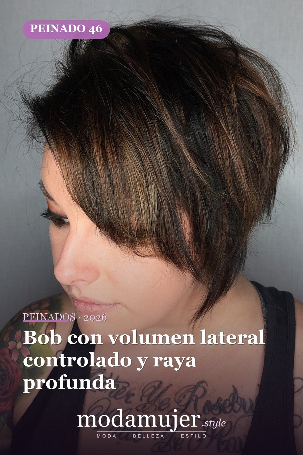 Bob con volumen lateral controlado y raya profunda — 50 peinados cortos para caras redondas con efecto adelgazante