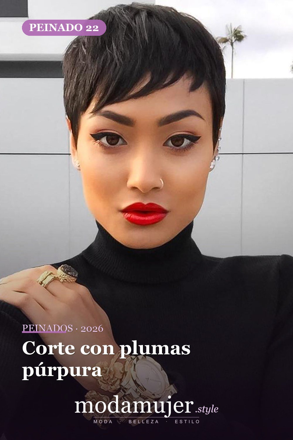 Corte con plumas púrpura — 50 peinados cortos para mujeres negras que roban todas las miradas