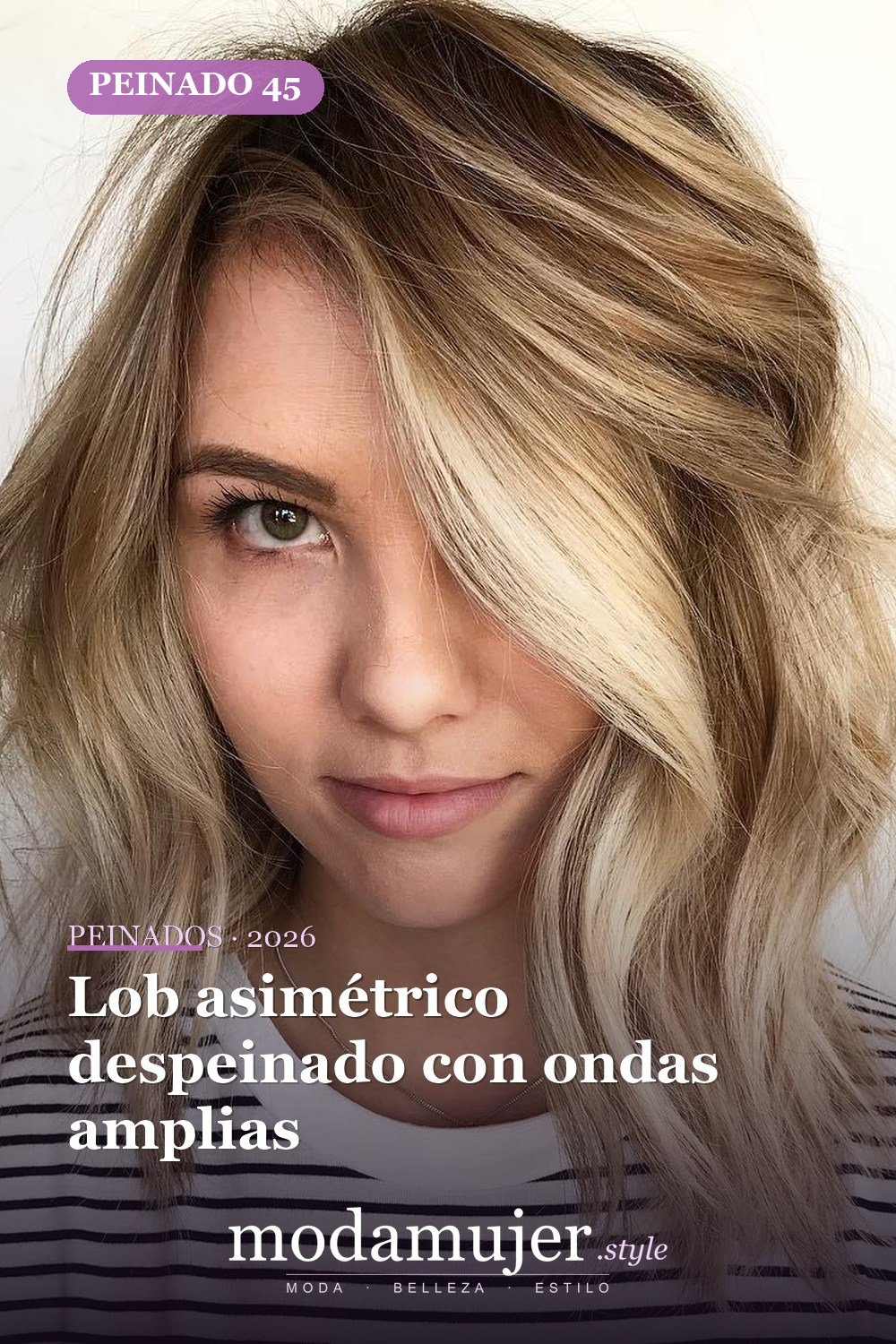 Lob asimétrico despeinado con ondas amplias — 50 peinados de longitud media sin falla para cabello fino