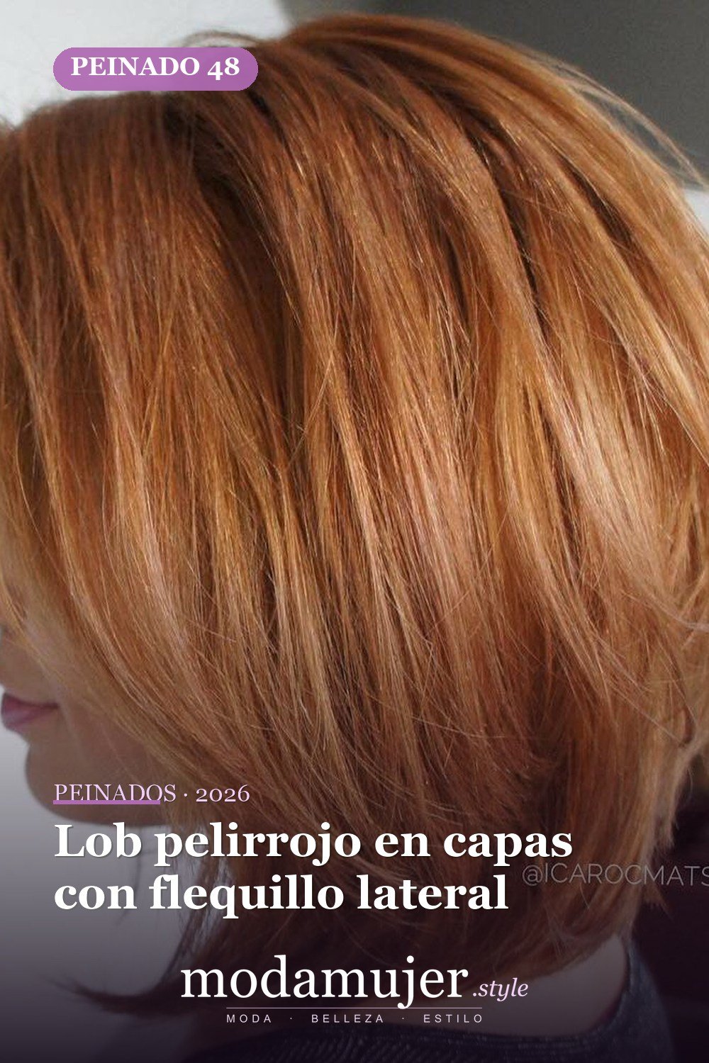 Lob pelirrojo en capas con flequillo lateral — 50 peinados de longitud media sin falla para cabello fino