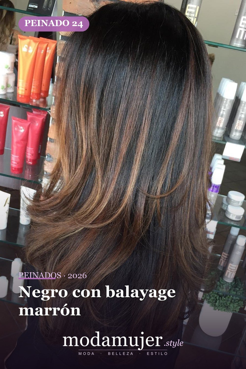 Negro con balayage marrón — 50 peinados largos con capas para 2026