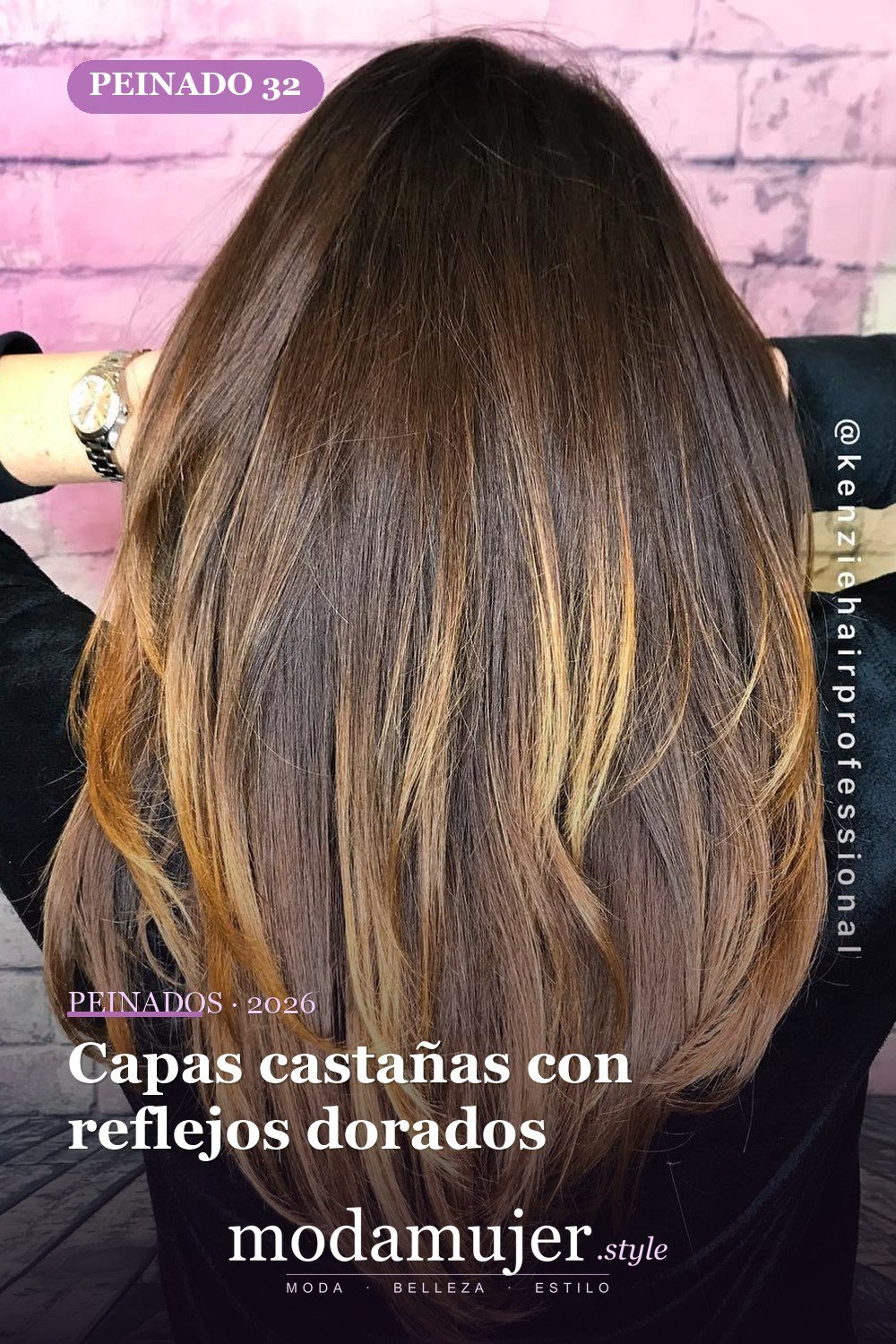 Capas castañas con reflejos dorados — 50 peinados largos con capas para 2026