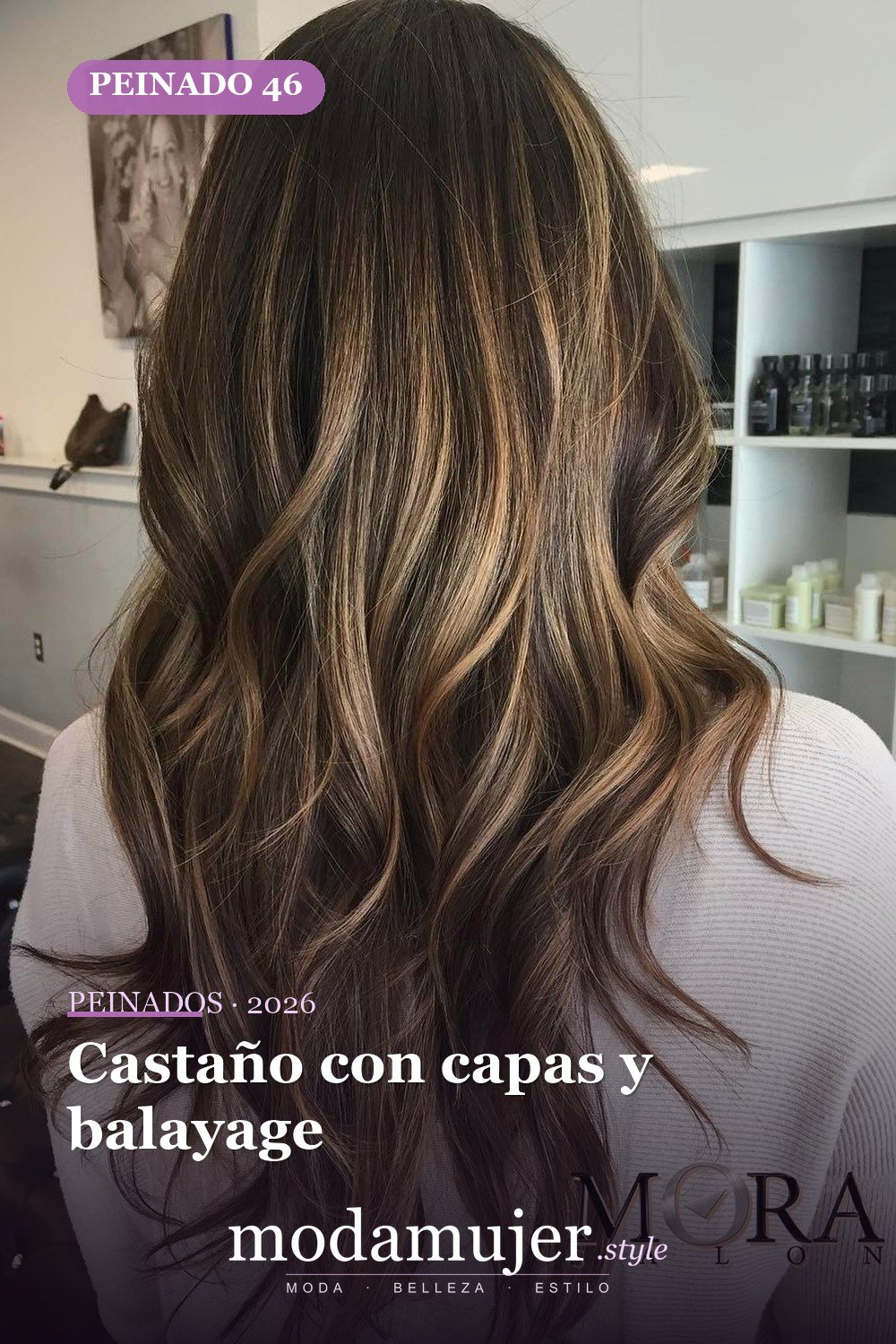 Castaño con capas y balayage — 50 peinados largos con capas para 2026