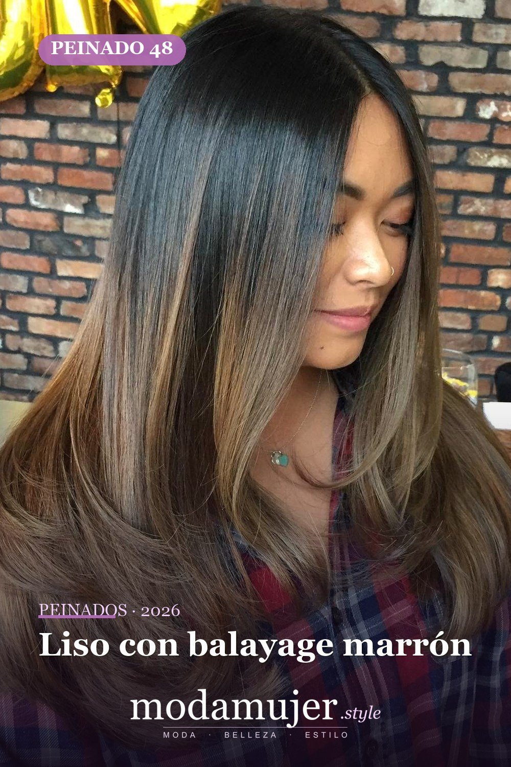 Liso con balayage marrón — 50 peinados largos con capas para 2026