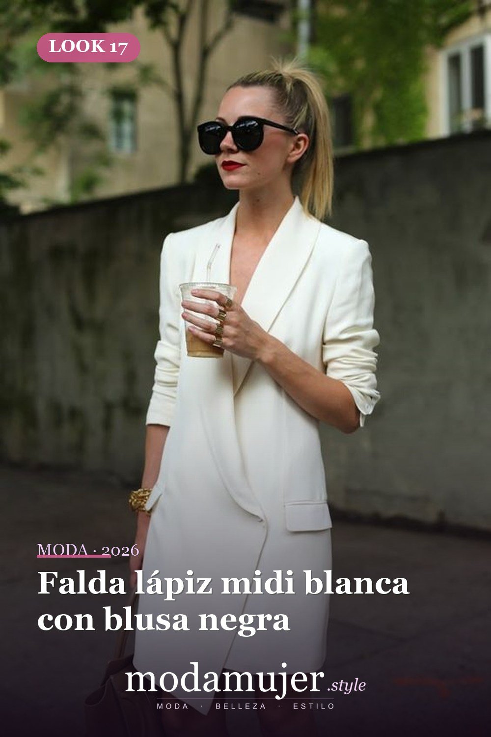 Falda lápiz midi blanca con blusa negra — 52 trajes muy sexys para el trabajo