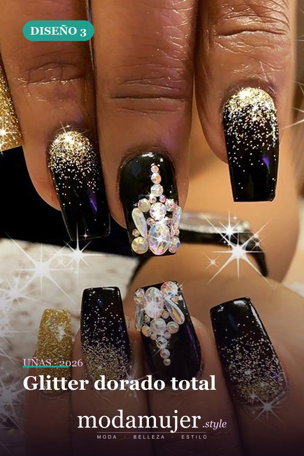 Glitter dorado total — 54 Diseños de uñas doradas para tu próxima visita al salón