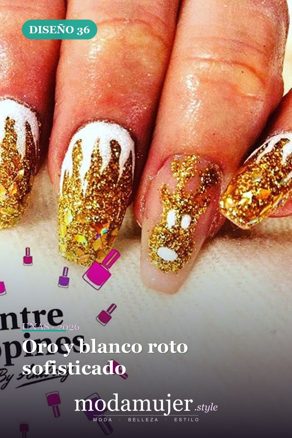 Oro y blanco roto sofisticado — 54 Diseños de uñas doradas para tu próxima visita al salón