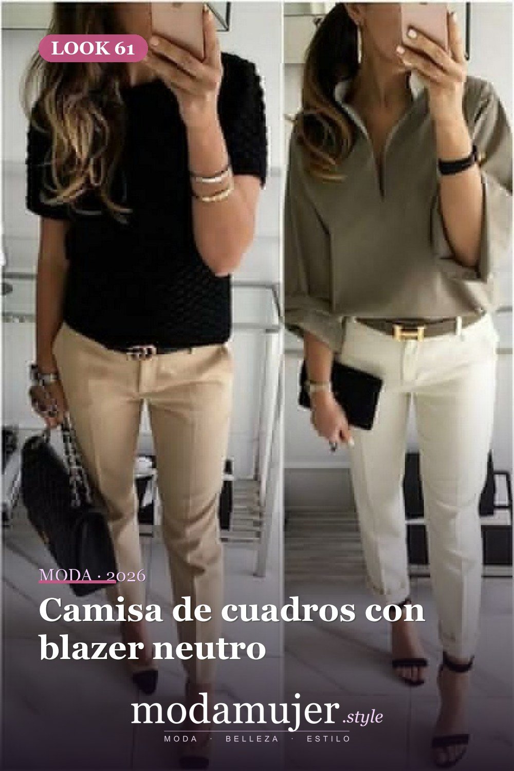 Camisa de cuadros con blazer neutro — 60+ Las mejores ideas de trajes de invierno de trabajo que te hacen más genial