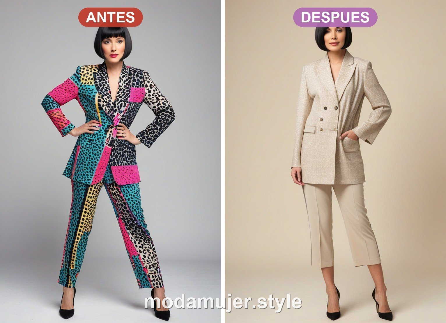 Antes y despues: estampados que chocan frente a paleta neutra coordinada