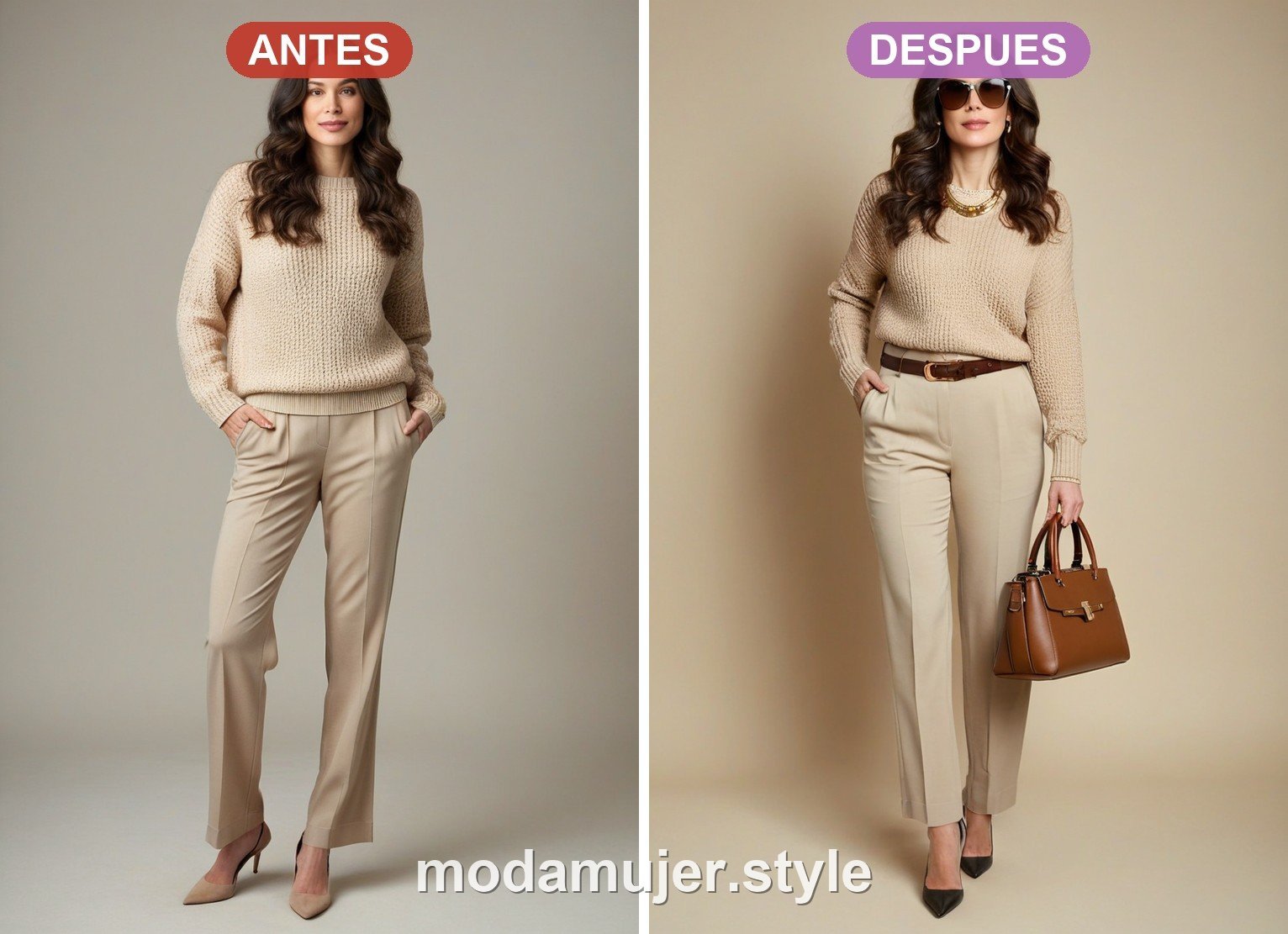 Antes y despues: outfit sin complementos frente a outfit con complementos