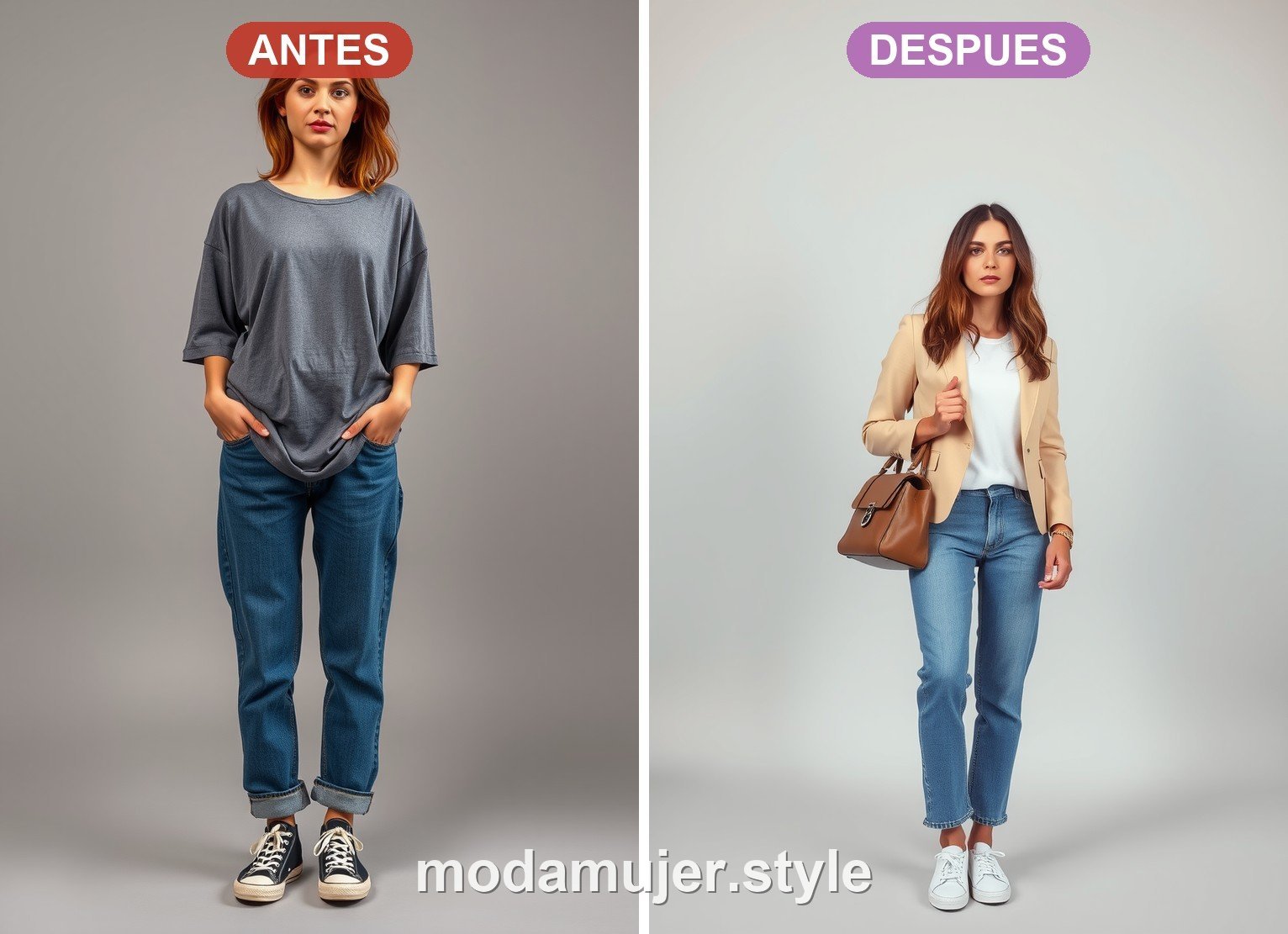 Antes y despues de un look con vaqueros y camiseta basica