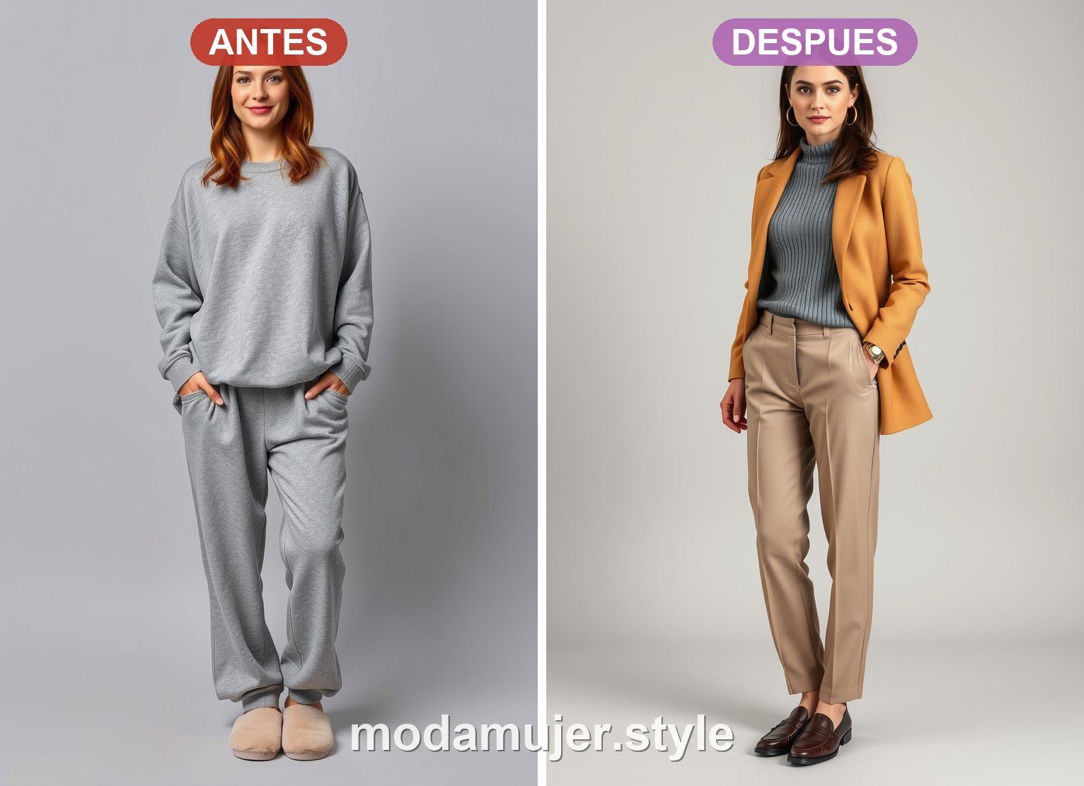 Antes y despues de un look con jersey y pantalon comodo