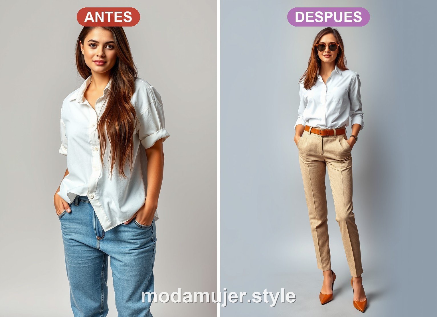 Antes y despues de un look con camisa blanca