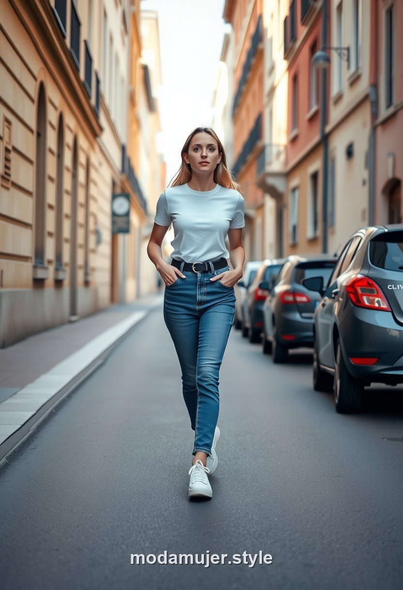 Look casual atemporal con camiseta blanca, vaqueros y zapatillas