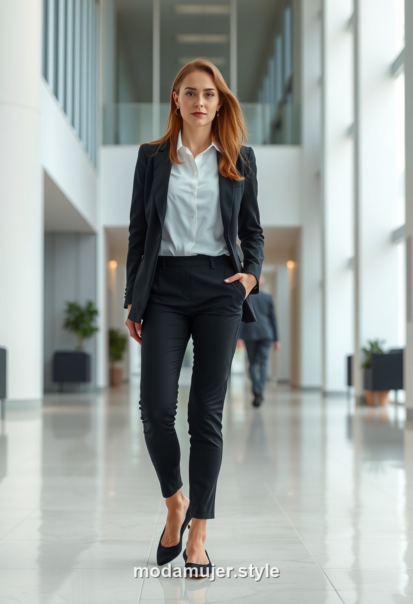 Look de oficina atemporal con camisa blanca, pantalón negro y blazer