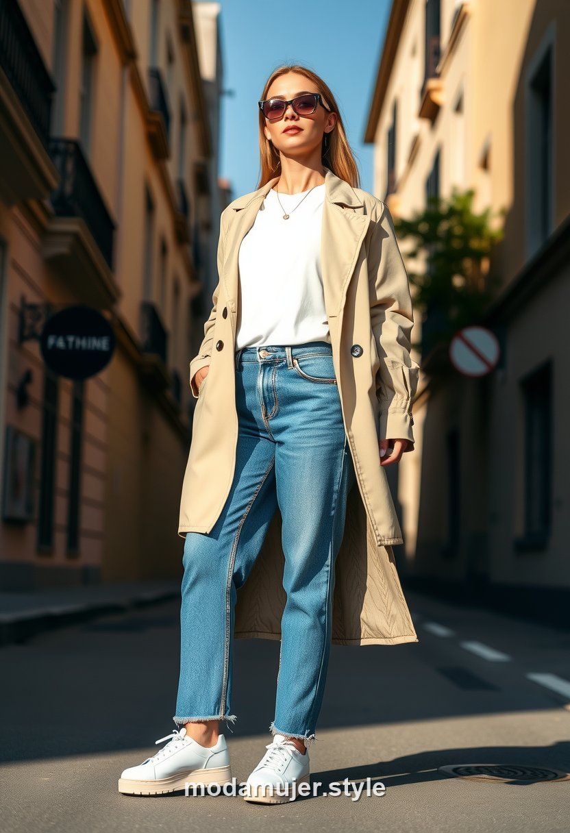 Look de fin de semana con camiseta blanca, vaqueros y gabardina