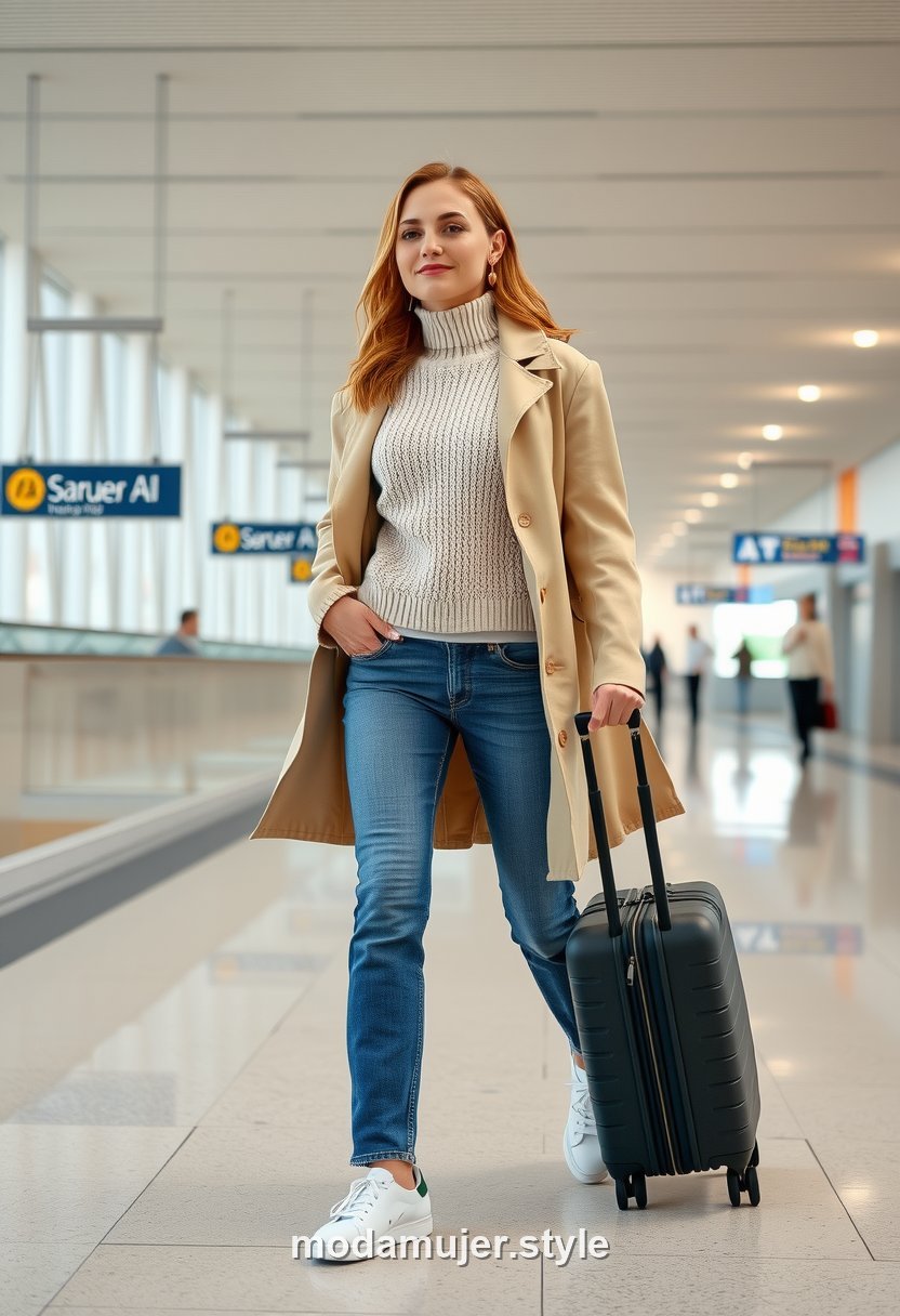 Look cómodo para viajar con jersey fino, vaqueros y gabardina