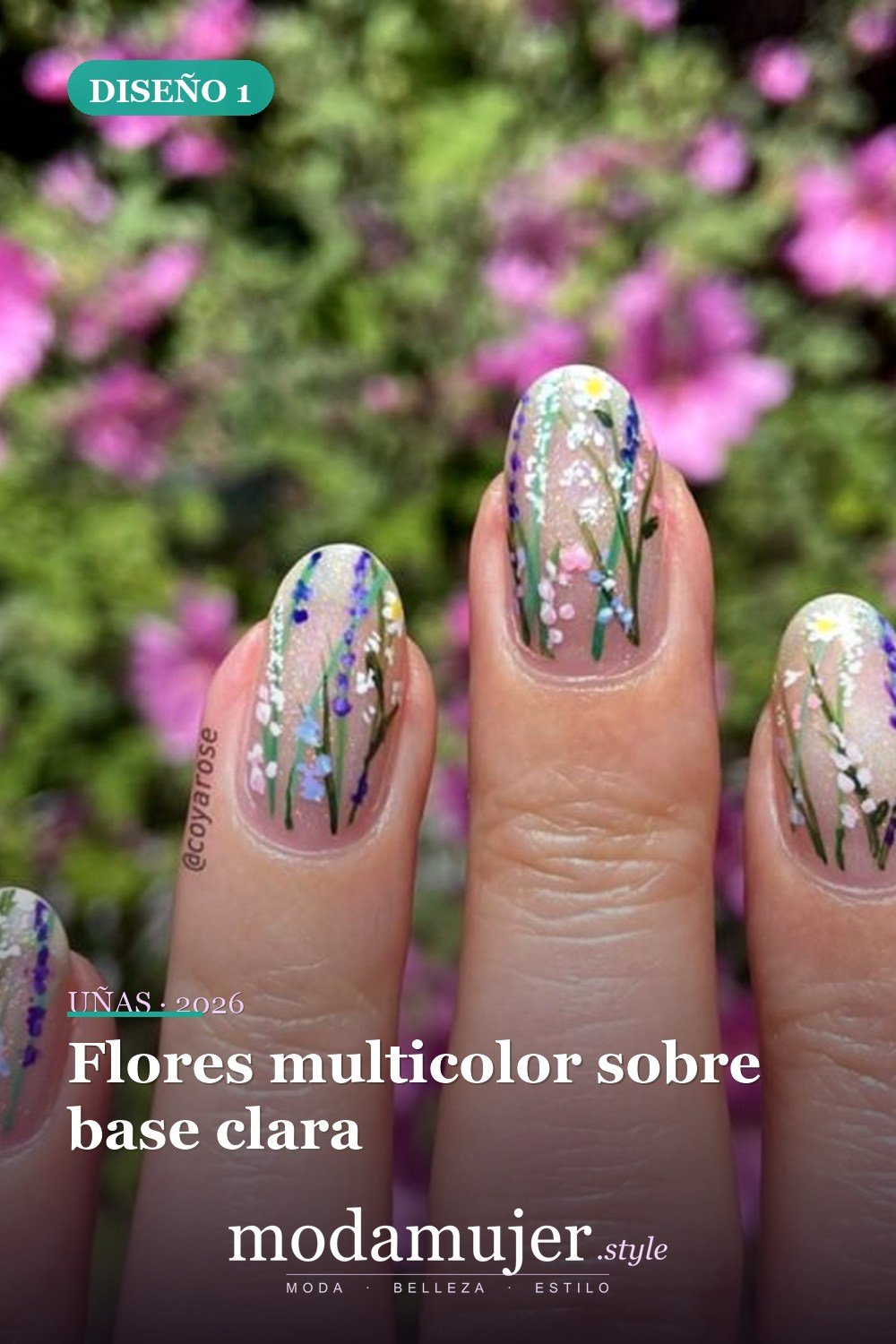 Flores multicolor sobre base clara — Artista de Instagram pinta sus uñas con diseños florales