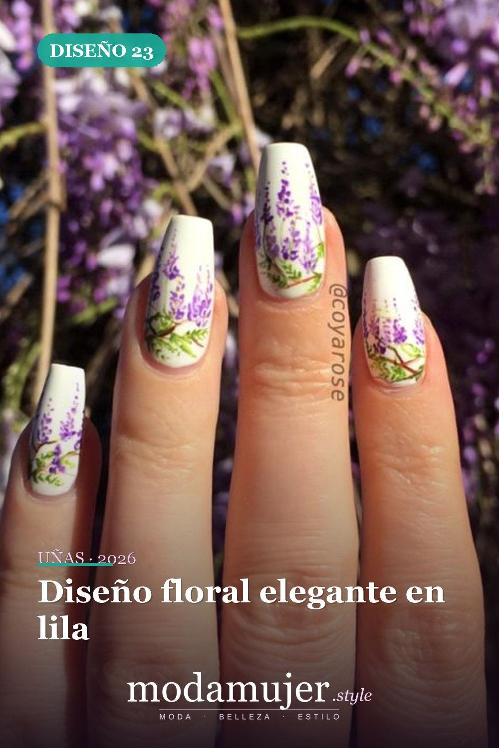 Diseño floral elegante en lila — Artista de Instagram pinta sus uñas con diseños florales