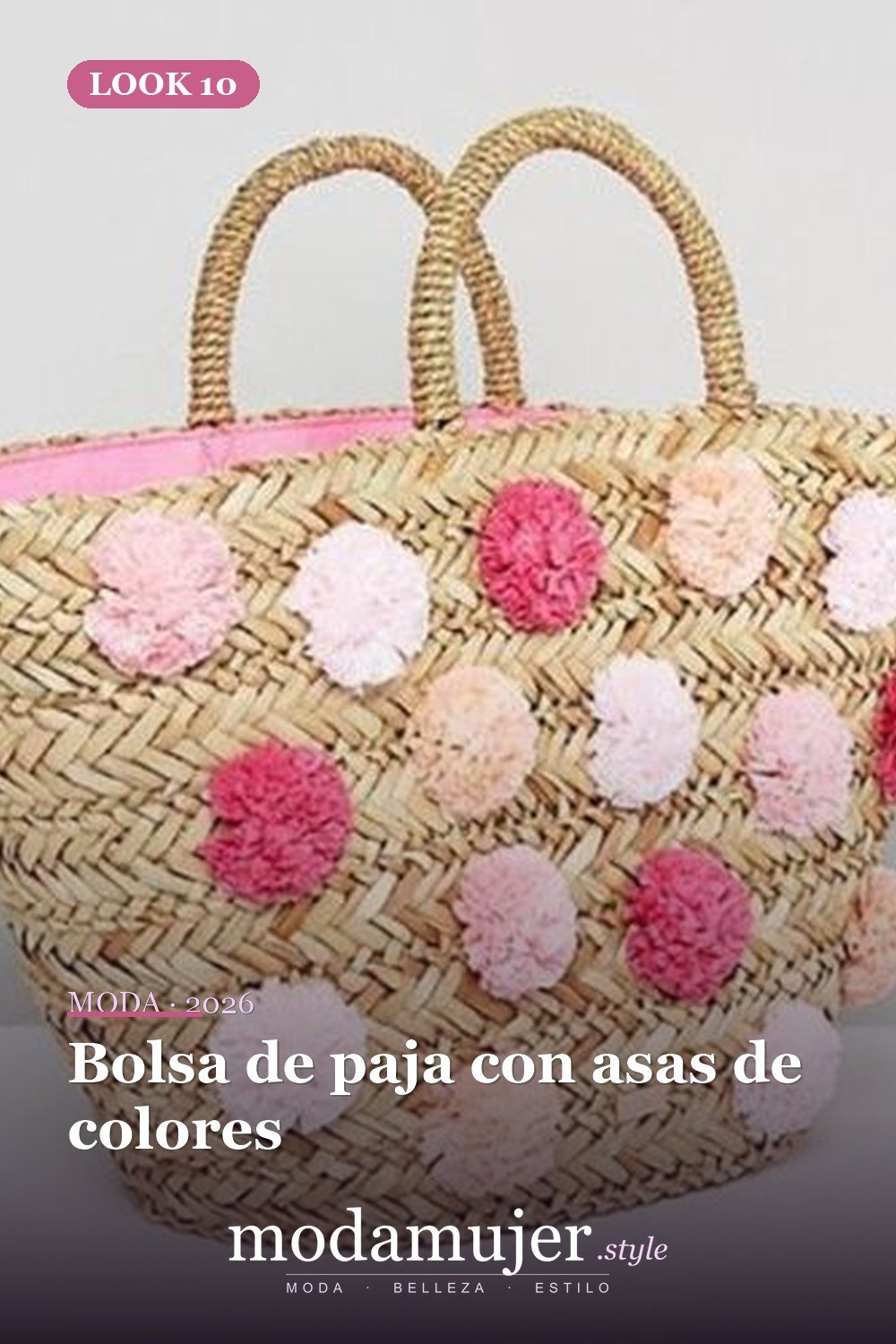 Bolsa de paja con asas de colores — Bolsas de playa de paja con pompones y flecos de colores