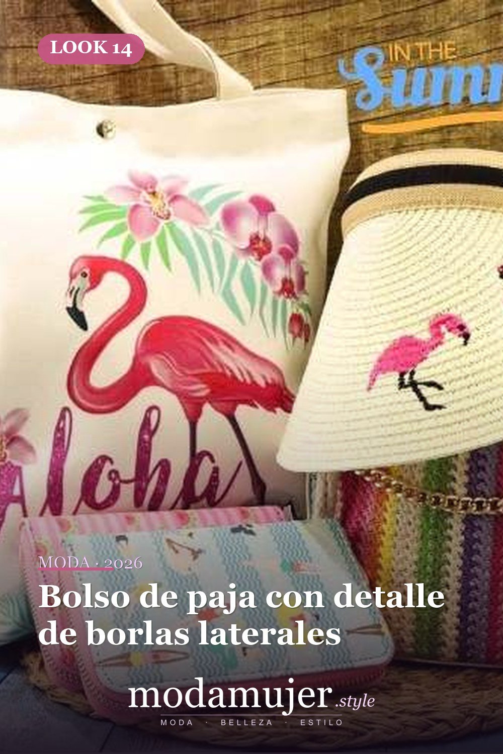 Bolso de paja con detalle de borlas laterales — Bolsas de playa de paja con pompones y flecos de colores
