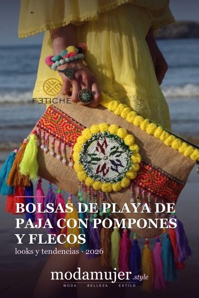 Bolsas de playa de paja con pompones y flecos de colores - ModaMujer