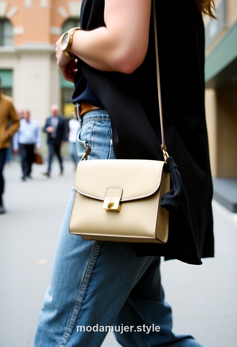 Mujer con bolso baguette al hombro en look de calle