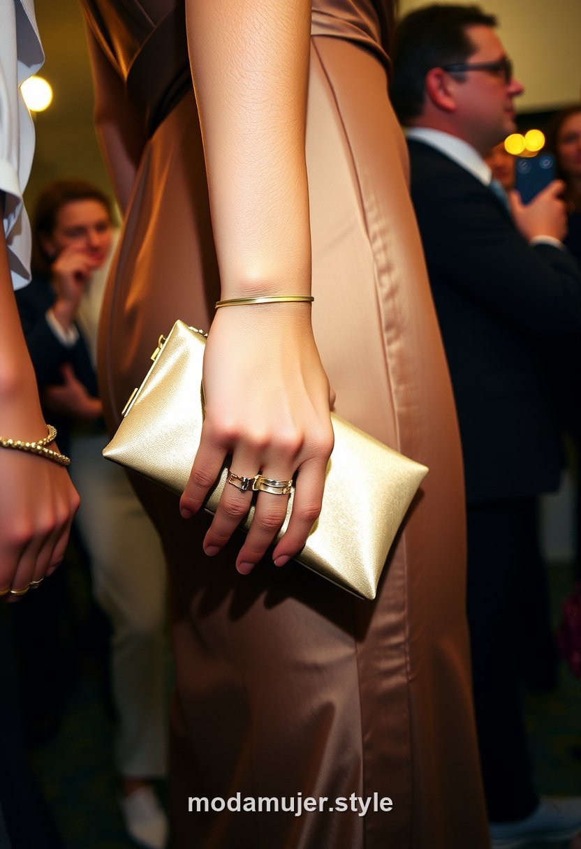 Mujer con clutch de fiesta elegante en la mano