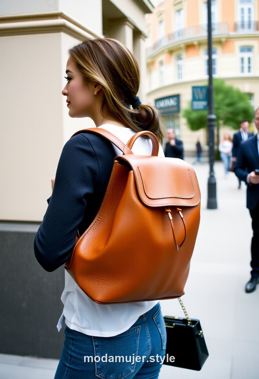 Mujer con mochila elegante de piel en look urbano