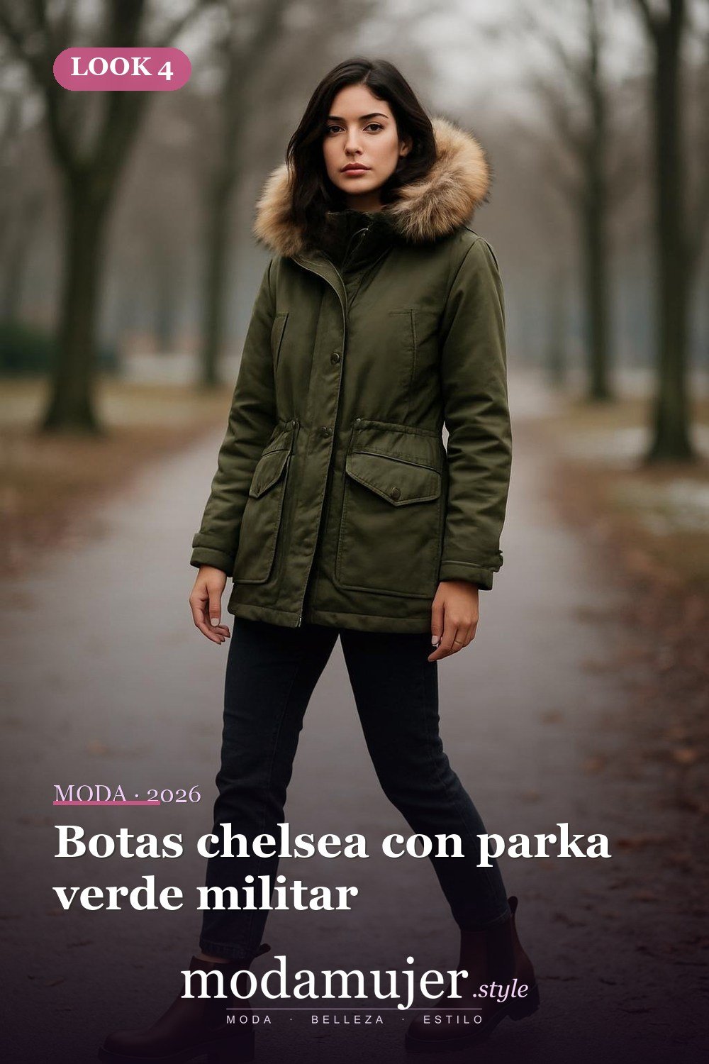 Botas chelsea con parka verde militar — Botas y abrigos para el invierno 2026: 12 combinaciones con estilo Botas chelsea con parka verde militar — Botas y abrigos para el invierno 2026: 12 combinaciones con estilo