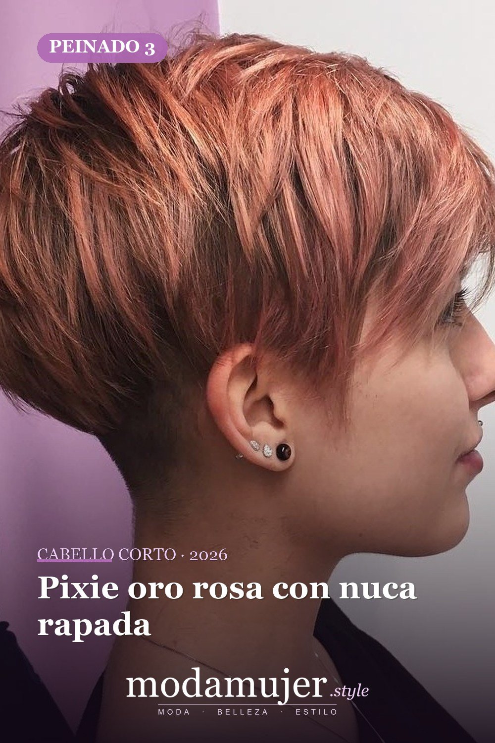 Pixie oro rosa con nuca rapada — corte de cabello corto y picado para 2026