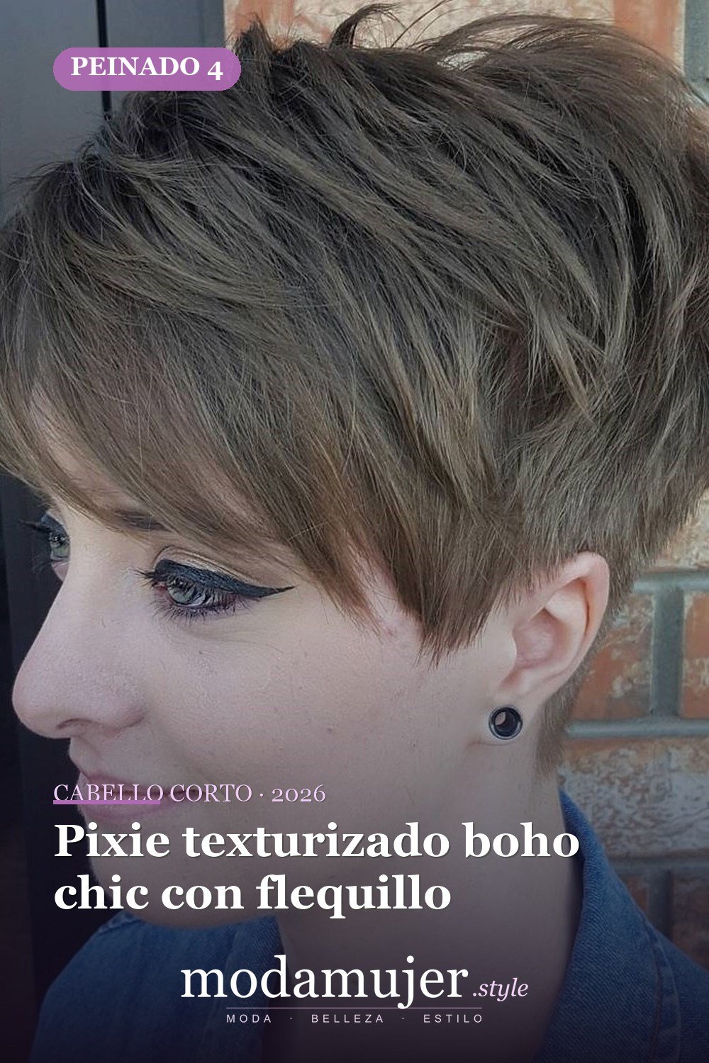 Pixie texturizado boho chic con flequillo — corte de cabello corto y picado para 2026