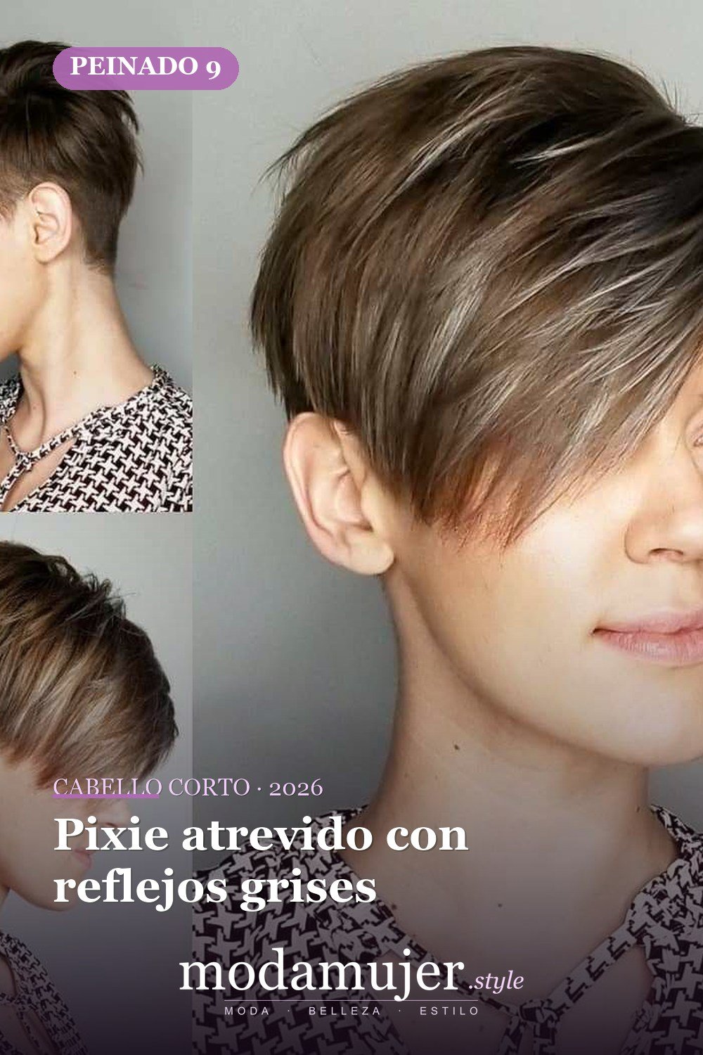 Pixie atrevido con reflejos grises — corte de cabello corto y picado para 2026