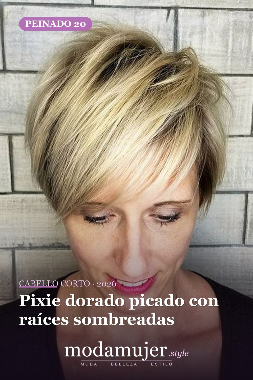 Pixie dorado picado con raíces sombreadas — corte de cabello corto y picado para 2026