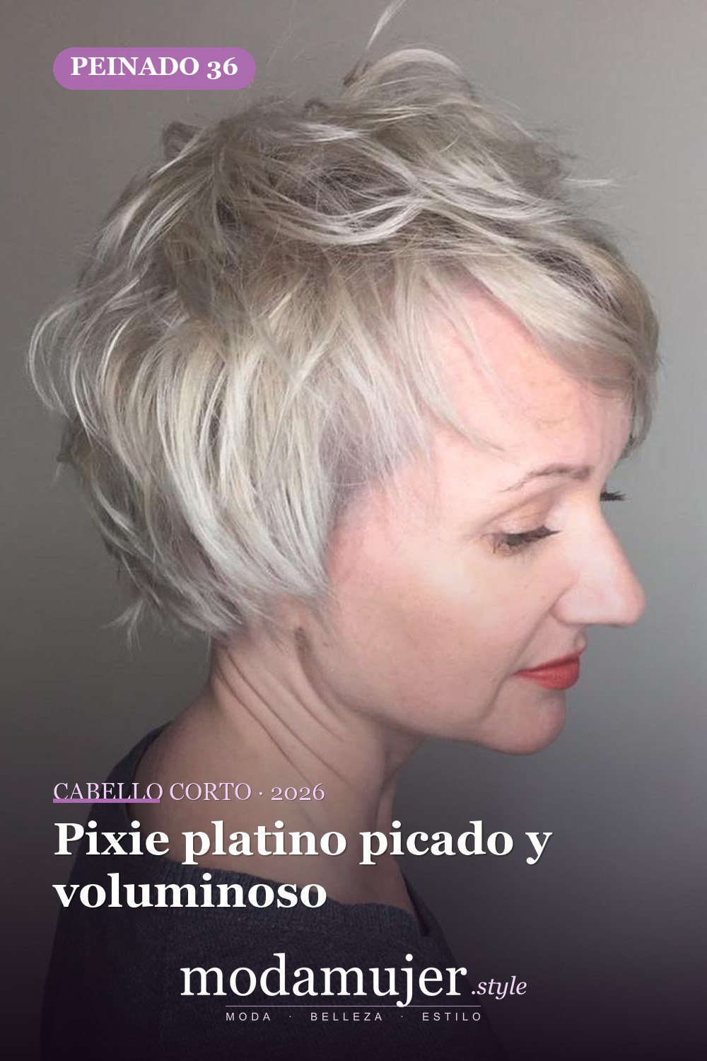 Pixie platino picado y voluminoso — corte de cabello corto y picado para 2026