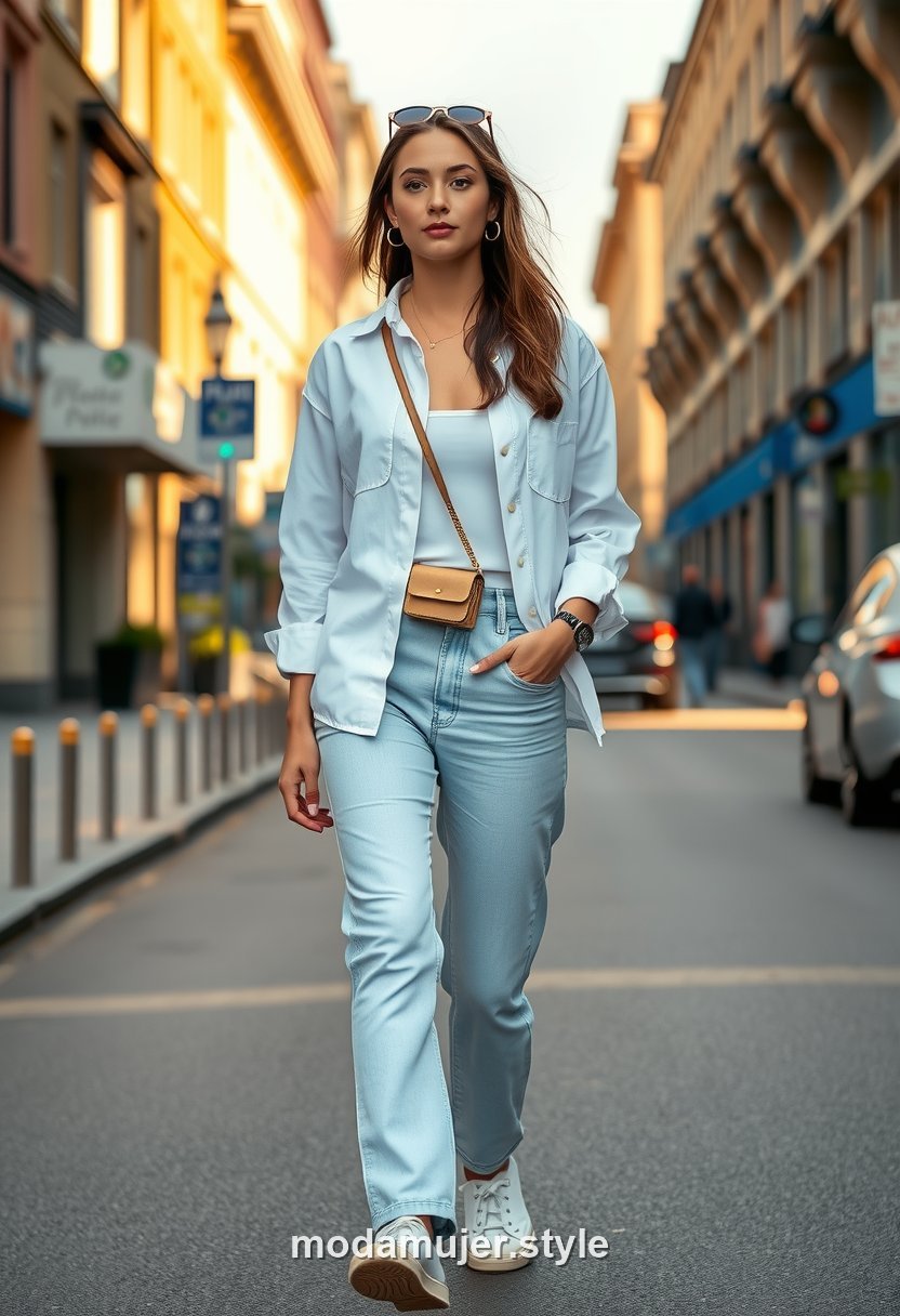Mujer con camisa blanca abierta, vaquero recto y zapatillas blancas en la calle