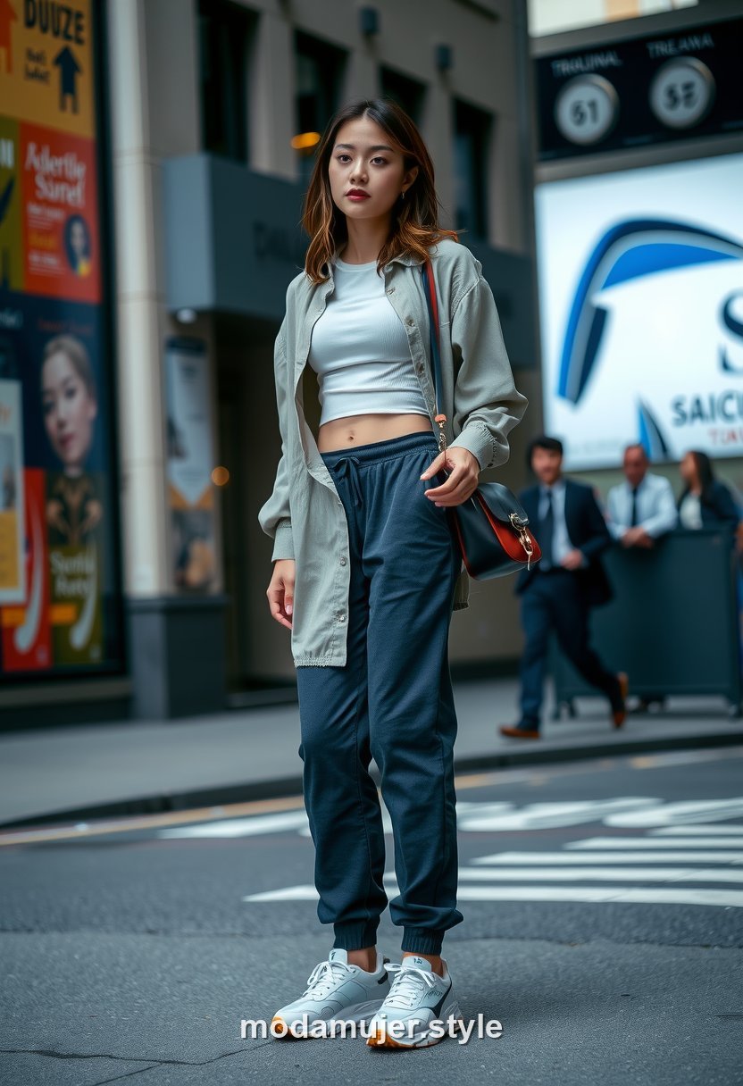 Look sport chic con sobrecamisa, top, jogger y zapatillas chunky