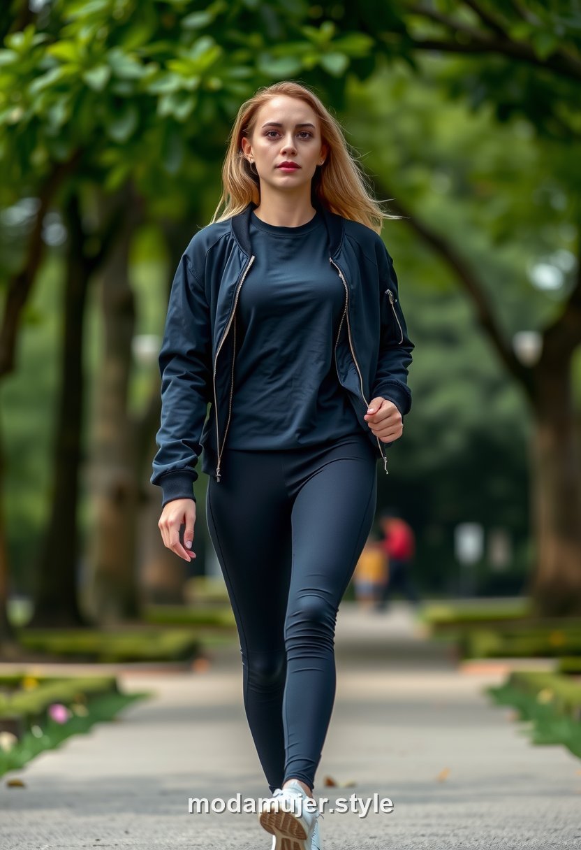 Look de paseo athleisure con camiseta, leggings y bomber