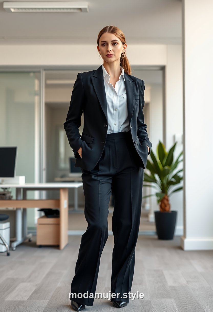 Look formal de oficina con blazer negro, camisa blanca y pantalón de pinzas